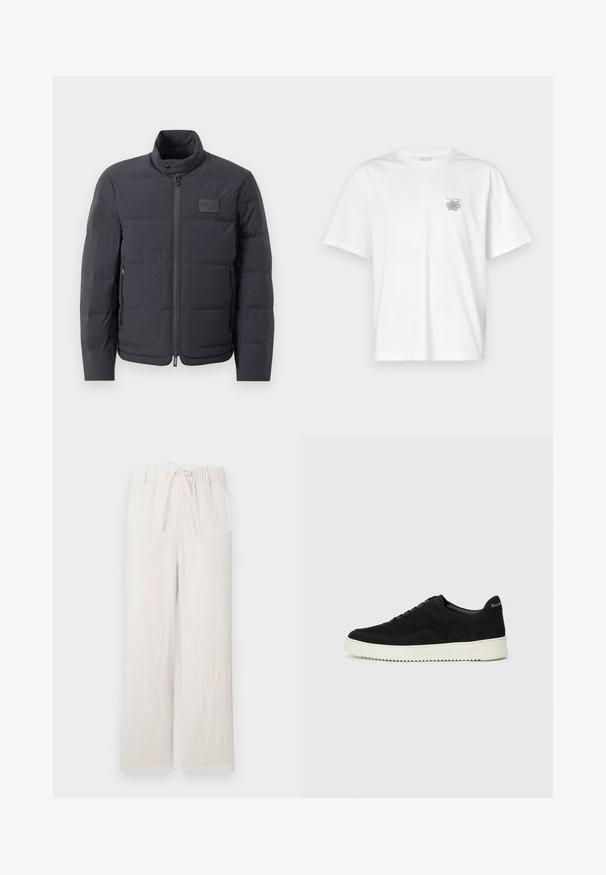 Black puffer jacket with a high collar, quilted texture, and a front zipper. Features a small logo patch on the left chest and side pockets.; White t-shirt made of cotton featuring short sleeves, a crew neck, and a small gray logo on the left chest area. Smooth texture.; Light beige linen trousers with an elastic waistband, drawstring, wide-leg cut, smooth texture, and no visible patterns or hardware.; Black suede sneaker with lace-up design and contrasting white rubber sole. Features textured side panels and subtle branding on the heel.