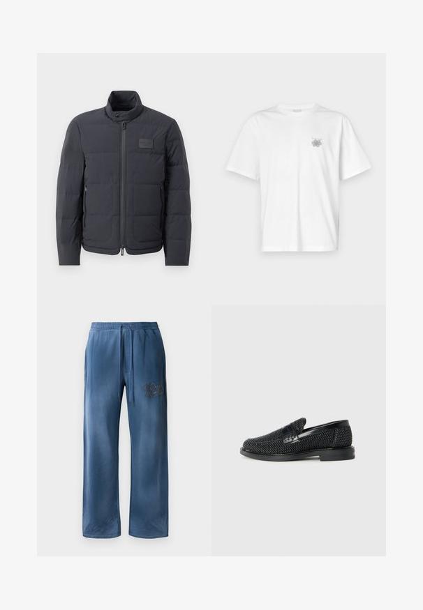 Casaco puffer preto com gola alta, textura acolchoada e fecho éclair frontal. Apresenta um pequeno emblema no lado esquerdo do peito e bolsos laterais.; Camisa branca de algodão com mangas curtas, gola redonda e um pequeno logótipo cinza na área do peito esquerdo. Textura suave.; Calças largas em veludo azul, com cintura elástica, cordão, bolsos laterais e logótipo bordado na coxa direita.; Sandalha preta entrelaçada com um accento de couro liso na parte superior, design de biqueira redonda e sola de borracha de perfil baixo.