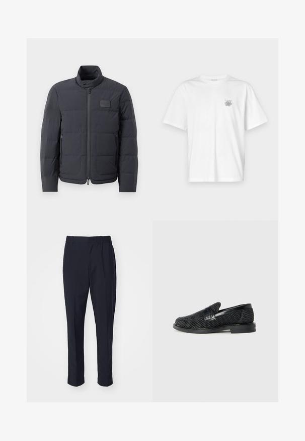 Čierna puffová bunda s vysokým golierom, prešívanou textúrou a predným zipsom. Obsahuje malú nášivku loga na ľavej hrudi a bočné vrecká.; Biela tričko vyrobené z bavlny, s krátkymi rukávmi, okrúhlym výstrihom a malým šedým logom na oblasti ľavej hrude. Hladká textúra.; Námořnické modré kalhoty s hladkým povrchem, elastickým pasem a zúženým designem nohavic. Nemají viditelné kapsy ani ozdoby.; Čierne tkané slip-on topánky s hladkým koženým akcentom na vrchnej časti, s okrúlym dizajnom špičky a nízkoprofilovou gumovou podrážkou.