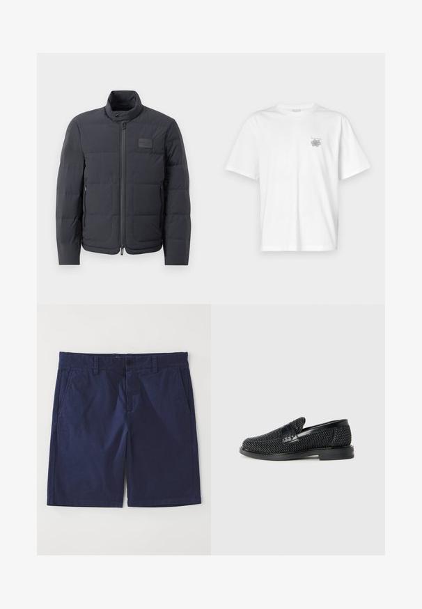 Svart puffjacka med hög krage, quiltad textur och dragkedja framtill. Har en liten logotipp på vänster bröst och sidfickor.; Vit t-shirt i bomull med korta ärmar, rund hals och en liten grå logotyp på vänster bröst. Slät textur.; Mörkblå bomullsshorts med rak skärning, med bältesöglor, framknäppning och två sidofickor. Slät yta.; Svart vävd slip-on sko med en slät läderdetalj på ovansidan, med rund tådesign och en låg gummisula.