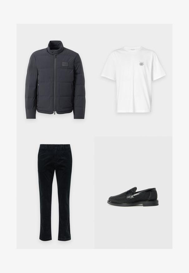 Svart puffjacka med hög krage, quiltad textur och dragkedja framtill. Har en liten logotipp på vänster bröst och sidfickor.; Vit t-shirt i bomull med korta ärmar, rund hals och en liten grå logotyp på vänster bröst. Slät textur.; Svarta kordbyxor med rak passform, som har vertikala ribbor, en mjuk textur och en standard midja utan synlig hårdvara.; Svart vävd slip-on sko med en slät läderdetalj på ovansidan, med rund tådesign och en låg gummisula.