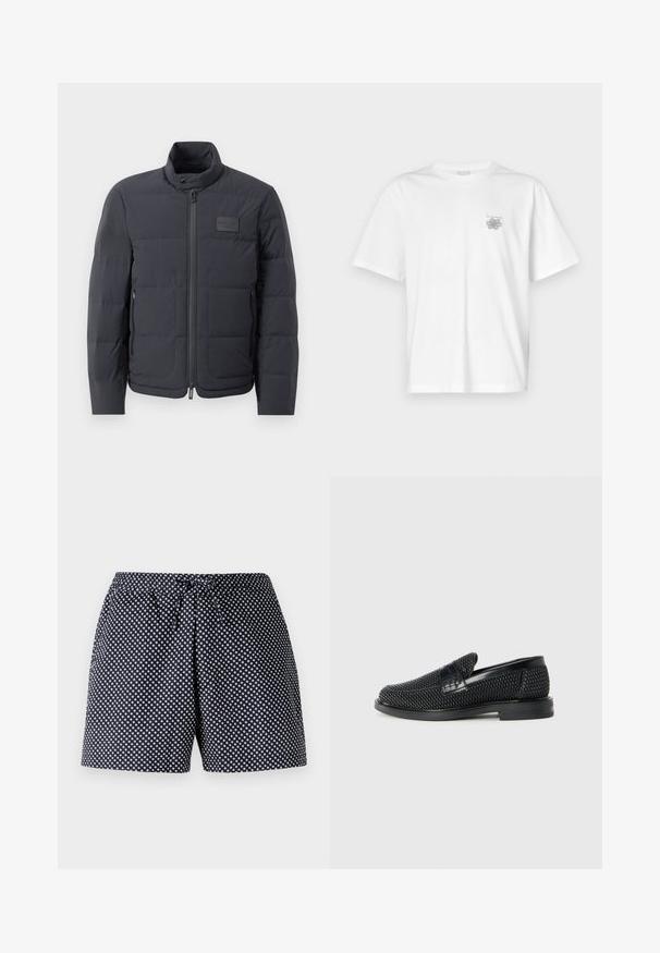 Sort dunjakke med høj krave, kviltet tekstur og lynlås foran. Har en lille logopatch på venstre bryst og sidelommer.; Hvid t-shirt lavet af bomuld med korte ærmer, rund halsudskæring og et lille gråt logo på venstre brystområde. Glat tekstur.; Marineblå shorts med et hvidt cirkulært prikmønster, der har en elastisk talje med snøre. Letvægtsstof, afslappet pasform.; Sort vævet slip-on sko med en glat læderdetalje på overdelen, en rund tådesign og en lavprofil gummisål.