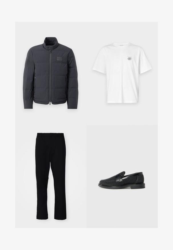 Black puffer jacket with a high collar, quilted texture, and a front zipper. Features a small logo patch on the left chest and side pockets.; White t-shirt made of cotton featuring short sleeves, a crew neck, and a small gray logo on the left chest area. Smooth texture.; Black pants with a slim fit. They feature an elastic waistband and straight legs, made from a smooth fabric with a matte finish.; Black woven slip-on shoe with a smooth leather accent on the upper, a round toe design, and a low-profile rubber sole.