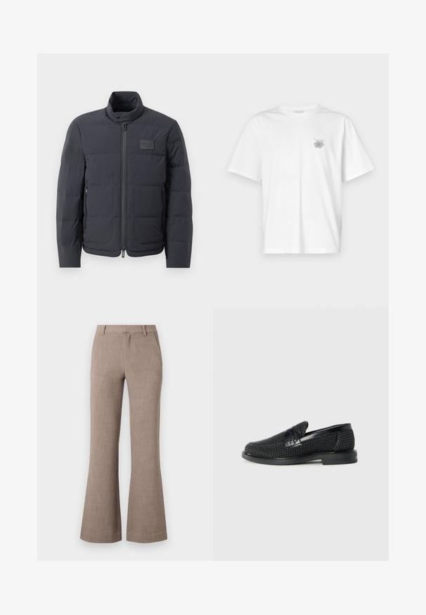 Juodas pūkuotas džemperis su aukštu kaklu, siuvinėta tekstūra ir priekiniais užtrauktukais. Yra mažas logotipo pleistras kairėje krūtinės pusėje ir šoniniai kišeniai.; Balta medvilninė marškinėlių, su trumpomis rankovėmis, apykaklė nei per aukšta, nei per žema, ir mažas pilkas logotipas kairėje krūtinės pusėje. Lygi tekstūra.; Bežinės plačios kelnės, pagamintos iš tekstūruotos medžiagos, su užtrauktuku ir šoninėmis kišenėmis funkcionalumui. Prisegamos konstrukcijos.; Juodas pintas slip-on tipo batelis su lygiu odiniu akcentu viršuje, apvalios nosies dizainas ir žemas guminis padas.