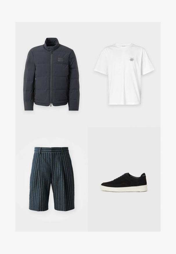 Schwarze Daunenjacke mit hohem Kragen, gestepptem Muster und einem Reißverschluss vorne. Verfügt über ein kleines Logopatch auf der linken Brust und seitliche Taschen.; Weißes T-Shirt aus Baumwolle mit kurzen Ärmeln, Rundhalsausschnitt und kleinem grauen Logo auf der linken Brustseite. Glatte Textur.; Blaue, gestreifte Shorts mit geradem Schnitt, ausgestattet mit einem Bund und Falten, aus einem strukturierten Stoff gefertigt. Keine sichtbaren Taschen oder Beschläge.; Schwarze Wildleder-Sneaker mit Schnürdesign und kontrastierender weißer Gummisohle. Verfügt über strukturierte Seitenpaneele und dezentes Branding an der Ferse.