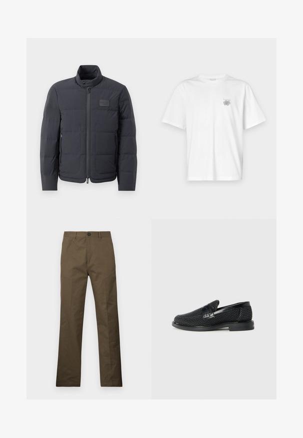 Musta puffatakki korkealla kauluksella, tikattu pinta ja vetoketju edessä. Sisältää pienen logopatchin vasemmassa rinnassa sekä sivutaskut.; Valkoinen puuvillapaita, jossa on lyhyet hihat, pyöreä kaula-aukko ja pieni harmaa logo vasemmassa rintataskussa. Täydellinen sileä rakenne.; Ruske puuvillabukse straighcut lõikega, nupuga kinnitamine ja küljetaskud, esitatud valge tausta ees.; Musta kudottu liukupohjallinen kenka, jossa on sileä nahkakorostus päällisessä, pyöreä kärki ja matala kumipohja.