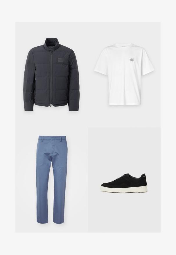 Melna pūkaina jaka ar augstu apkakli, quiltota tekstūra un priekšējo rāvējslēdzēju. Iekļauj mazu logotipa plāksteri kreisajā krūtī un sānu kabatas.; Baltas kokvilnas T-krekls ar īsām piedurknēm, apaļu dekoltē un mazu pelēku logo kreisajā krūšu daļā. Gluda tekstūra.; Gai zili bikses no gludas auduma, ar taisnu griezumu, jostu cilpiņām un rāvējslēdzēju ar pogu aizdari. Bez rakstiem vai akcentiem.; Melnas zamšas kedas ar auklām un kontrastējošu baltu gumijas zoli. Iekļauj teksturētas sānu panēles un diskretu zīmolu uz papēža.