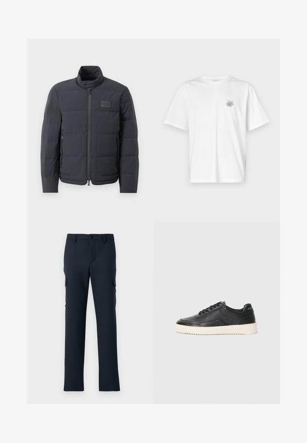 Črna napihnjena jakna z visokim ovratnikom, prešito teksturo in sprednjim zadrgo. Ima majhno logo nalepko na levem prsnem delu in stranske žepe.; Bela majica iz bombaža s kratkimi rokavi, okroglim izrezom in majhnim sivim logotipom na levi strani prsnega dela. Gladka tekstura.; Temno modri cargo hlače iz gladkega materiala, ki imajo stranske žepke, sprednje zapiranje na gumb in ravne nogavice.; Črne usnjene superge z teksturiranim zaključkom, okroglo konico in ravnim belim gumijastim podplatom. Imajo črne vezalke in označbo na peti.