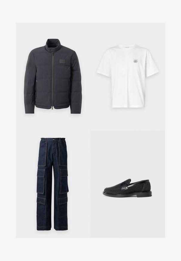 Schwarze Daunenjacke mit hohem Kragen, gestepptem Muster und einem Reißverschluss vorne. Verfügt über ein kleines Logopatch auf der linken Brust und seitliche Taschen.; Weißes T-Shirt aus Baumwolle mit kurzen Ärmeln, Rundhalsausschnitt und kleinem grauen Logo auf der linken Brustseite. Glatte Textur.; Marineblaue Cargohosen aus Denim mit mehreren großen Taschen, elastischem Bund und kontrastierenden orangen Nähten. Weit geschnitten für eine entspannte Passform.; Schwarzer geflochtener Slipper mit einem glatten Lederakzent im Obermaterial, einem runden Zehendesign und einer flachen Gummisohle.