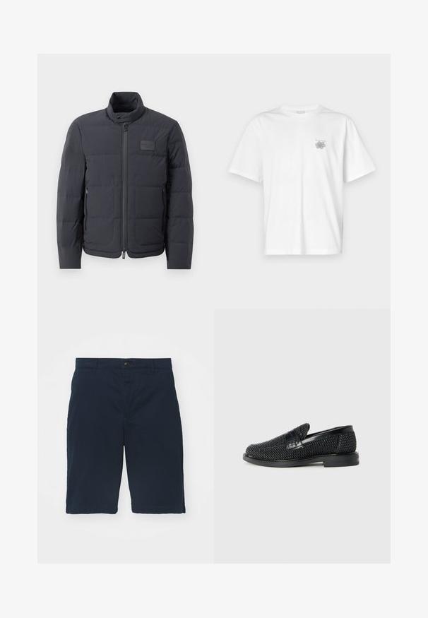 Zwarte pufferjack met een hoge kraag, gewatteerde textuur en een rits aan de voorkant. Beschikt over een klein logo-opdruk op de linkerborst en zijzakken.; Witte t-shirt van katoen met korte mouwen, een ronde hals, en een klein grijs logo op de linker borstzijde. Soepele textuur.; Marineblauwe shorts van katoen met een platte voorkant, knoopsluiting en zijzakken. Knielengte met een gladde textuur en nette naden.; Zwartegeweven instap schoenen met een glad leren accent aan de bovenkant, een ronde neusontwerp en een laag profiel rubberen zool.