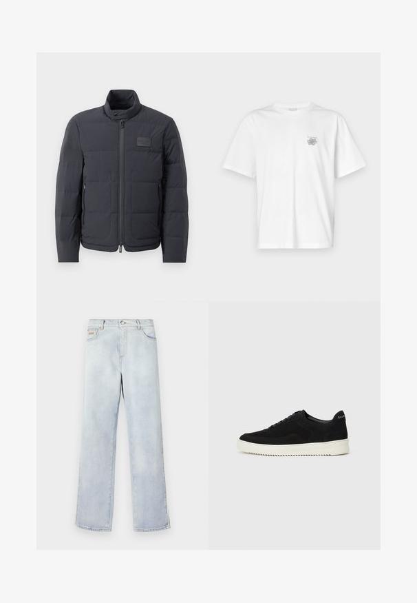 Fekete steppelt dzseki magas gallérral, steppelt textúrával és elülső cipzárral. Bal mellkason egy kis logófolt található, valamint oldalsó zsebek.; Fehér pamut póló rövid ujjakkal, kerek nyakkal, és egy kis szürke logóval a bal mellrészen. Sima tapintású.; Világoskék farmernadrág, egyenes szárú fazonnal, gombos zárással, öt zsebbel és kontrasztos varrással.; Fekete velúr sportcipő fűzős dizájnnal és kontrasztos fehér gumitalppal. Jellemzői a textúrázott oldalpanelek és a diszkrét logó a sarokon.