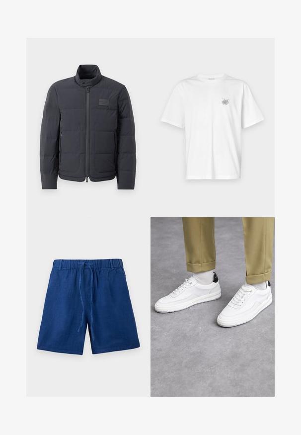 Chaqueta acolchada negra con cuello alto, textura acolchada y cierre frontal. Presenta un pequeño parche con logo en el pecho izquierdo y bolsillos laterales.; Camiseta blanca de algodón con mangas cortas, cuello redondo y un pequeño logo gris en el lado izquierdo del pecho. Textura suave.; Pantalones cortos casuales azules con cintura elástica y cordón ajustable, fabricados en una tela ligera.; Zapatillas blancas con un acabado de cuero texturizado, punta redondeada y acento negro en el talón. Suela de goma con un pequeño patrón de relieve y detalle de costura.