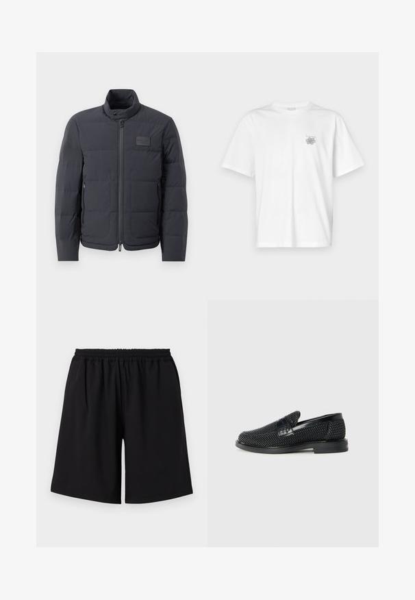 Čierna puffová bunda s vysokým golierom, prešívanou textúrou a predným zipsom. Obsahuje malú nášivku loga na ľavej hrudi a bočné vrecká.; Biela tričko vyrobené z bavlny, s krátkymi rukávmi, okrúhlym výstrihom a malým šedým logom na oblasti ľavej hrude. Hladká textúra.; Čierne športové šortky vyrobené z ľahkej tkaniny. Majú elastický pás a voľný strih bez vreciek.; Čierne tkané slip-on topánky s hladkým koženým akcentom na vrchnej časti, s okrúlym dizajnom špičky a nízkoprofilovou gumovou podrážkou.