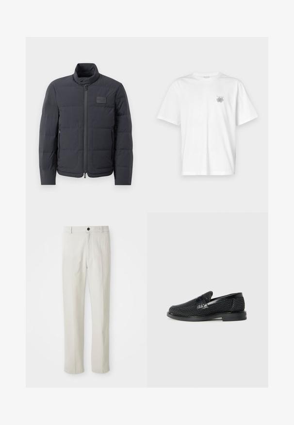 Must musternakk, millel on kõrge kaelus, tikkimise tekstuur ja esi tõmblukk. Iseloomustab väike logopatch vasakul rinnal ja küljetaskud.; Valge puuvillane T-särk lühikeste varrukatega, ümmarguse kaelusega ja väike hall logo vasakul rinnaosal. Sile tekstuur.; Beezid sirgedega püksid, millel on vöökohakinnitus, esine nupuga ja tõmblukk, näidatud lapikult valgel taustal.; Must musta kootud slip-on king, millel on pehme nahast accent ülaserval, ümmargune varvas ja madal profiiliga kummitald.