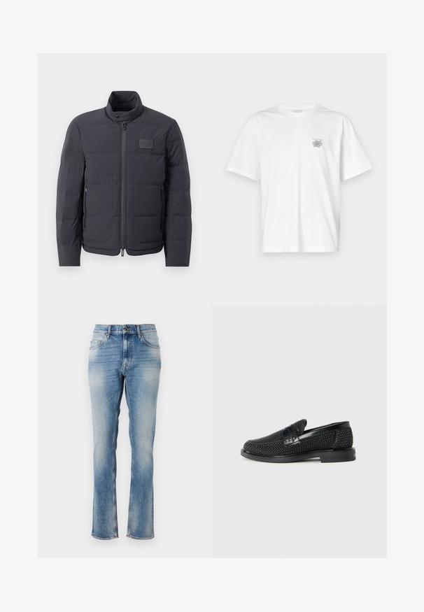 Black puffer jacket with a high collar, quilted texture, and a front zipper. Features a small logo patch on the left chest and side pockets.; White t-shirt made of cotton featuring short sleeves, a crew neck, and a small gray logo on the left chest area. Smooth texture.; Light blue denim jeans with a straight leg design, featuring subtle fading, five pockets, and stitched accents at the waistband and hems.; Black woven slip-on shoe with a smooth leather accent on the upper, a round toe design, and a low-profile rubber sole.