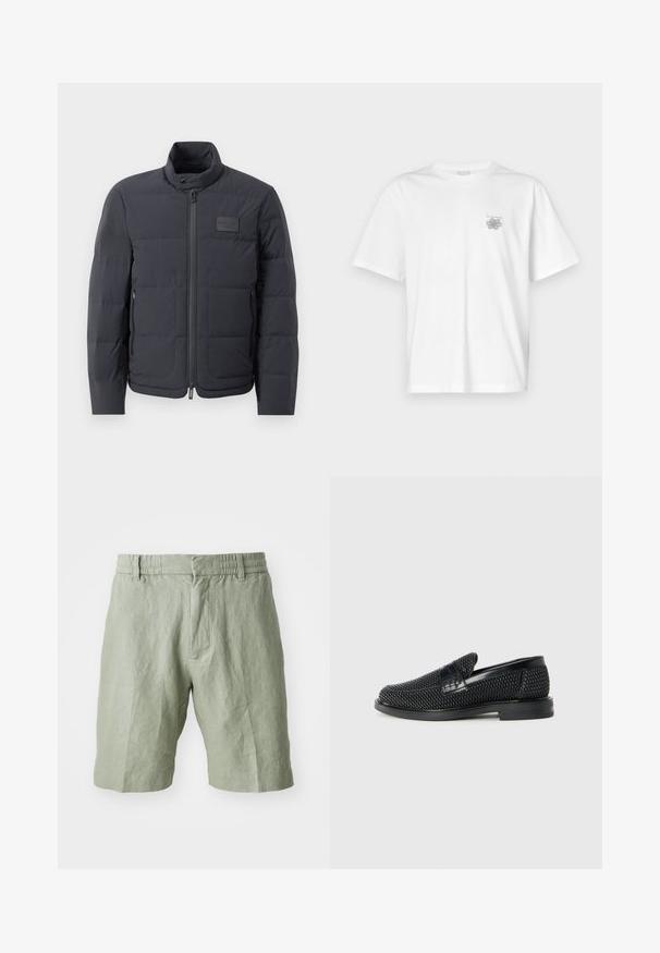 Fekete steppelt dzseki magas gallérral, steppelt textúrával és elülső cipzárral. Bal mellkason egy kis logófolt található, valamint oldalsó zsebek.; Fehér pamut póló rövid ujjakkal, kerek nyakkal, és egy kis szürke logóval a bal mellrészen. Sima tapintású.; Világoszöld lenvászon bermuda, amely lazán illeszkedik, rugalmas derékpánttal és két elülső zsebbel rendelkezik. Simaságának köszönhetően kényelmes viselet, mindennapi stílusban.; Fekete szőtt slip-on cipő sima bőr díszítéssel a felsőrészen, kerek orral és alacsony profilos gumitalppal.