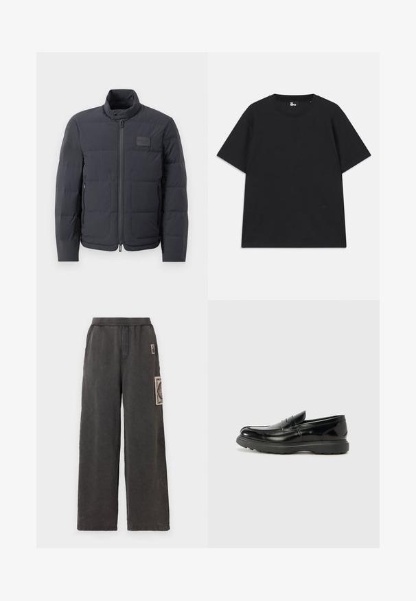 Zwarte pufferjack met een hoge kraag, gewatteerde textuur en een rits aan de voorkant. Beschikt over een klein logo-opdruk op de linkerborst en zijzakken.; Zwart kortebril T-shirt van katoen, met een ronde hals en een klein logo detail near de zoom. Gladde textuur, normale pasvorm.; Wijde broekspijpen in donkergrijze stof, met een decoratieve patch op de voorkant van de zak en een elastische tailleband voor comfort.; Zwarte leren instapper met een glanzende afwerking, een ronde neus, subtiele stiksels en een dikke rubberen zool voor duurzaamheid.
