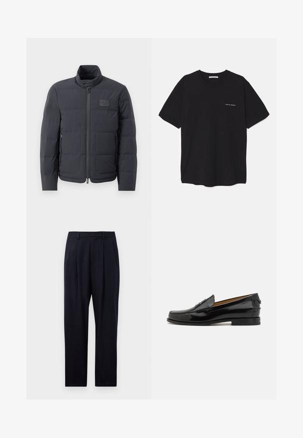 Black puffer jacket with a high collar, quilted texture, and a front zipper. Features a small logo patch on the left chest and side pockets.; Black cotton T-shirt with a crew neck, short sleeves, and a white logo print on the left chest. Simple, solid color design.; Navy blue trousers in a straight cut, featuring a textured fabric, two front pleats, belt loops, and a zip fly closure.; Bally CHARLEX - Smart slip-ons - black