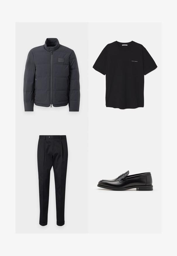 Black puffer jacket with a high collar, quilted texture, and a front zipper. Features a small logo patch on the left chest and side pockets.; Black cotton T-shirt with a crew neck, short sleeves, and a white logo print on the left chest. Simple, solid color design.; Black trousers made of a smooth fabric, featuring a fold at the front, a button closure, and rolled cuffs at the ankle.; Black leather loafers with a smooth texture, rounded toe, and a decorative strap across the vamp. Low stacked heel, minimalist design.