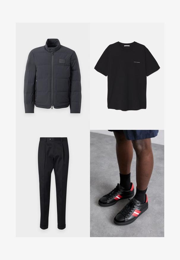 Must musternakk, millel on kõrge kaelus, tikkimise tekstuur ja esi tõmblukk. Iseloomustab väike logopatch vasakul rinnal ja küljetaskud.; Must musta T-särk, ümar kaelus, lühikesed varrukad ja valge logo trükk vasakul rinnal. Lihtne, ühtlane värvitoon.; Mustad püksid siledast kangast, millel on ees voldid, nööbisuletus ja pahkluul keeratud varrukad.; Mustad nahast tennised punaste ja valgete triipudega, ümmarguse varbaga, mustade paeltega ja tekstuurse viimistlusega. Küljel on logo.