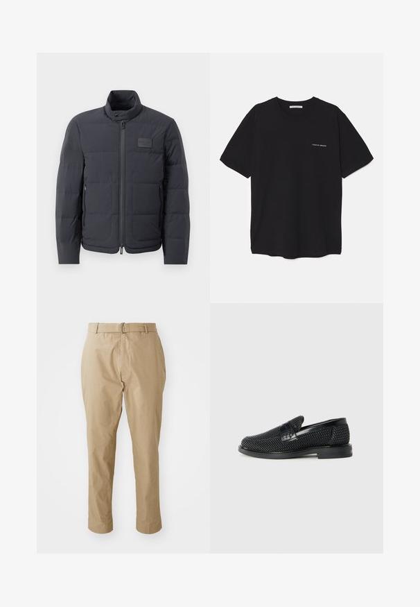 Must musternakk, millel on kõrge kaelus, tikkimise tekstuur ja esi tõmblukk. Iseloomustab väike logopatch vasakul rinnal ja küljetaskud.; Must musta T-särk, ümar kaelus, lühikesed varrukad ja valge logo trükk vasakul rinnal. Lihtne, ühtlane värvitoon.; Beige chinos sileva puuvilla seguga, millel on kitsas lõige, lame ees, vöökohad ja lihtne hõbedane pandla minimalistlikus disainis.; Must musta kootud slip-on king, millel on pehme nahast accent ülaserval, ümmargune varvas ja madal profiiliga kummitald.