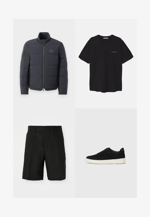 Black puffer jacket with a high collar, quilted texture, and a front zipper. Features a small logo patch on the left chest and side pockets.; Black cotton T-shirt with a crew neck, short sleeves, and a white logo print on the left chest. Simple, solid color design.; Black linen shorts with a relaxed fit, featuring a flat front, pockets on the sides, and a mid-length cut. Lightweight texture visible.; Black suede sneaker with lace-up design and contrasting white rubber sole. Features textured side panels and subtle branding on the heel.