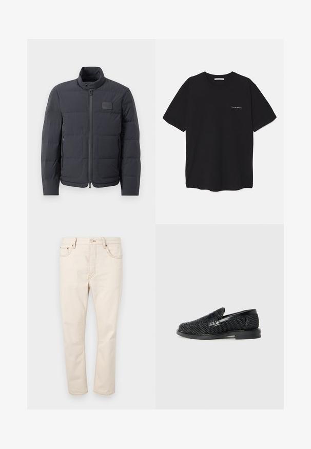 Giubbotto imbottito nero con colletto alto, texture trapuntata e zip frontale. Presenta una piccola patch con logo sul lato sinistro del petto e tasche laterali.; T-shirt in cotone nero con collo rotondo, maniche corte e stampa bianca del logo sul lato sinistro del petto. Design semplice e monocromatico.; Jeans in denim beige con taglio dritto, dotati di cinque tasche, cuciture a contrasto e chiusura con bottone in vita.; Scarpa nera a mocassino intrecciata con un accentuato in pelle liscia sulla parte superiore, design a punta rotonda e suola in gomma a profilo basso.