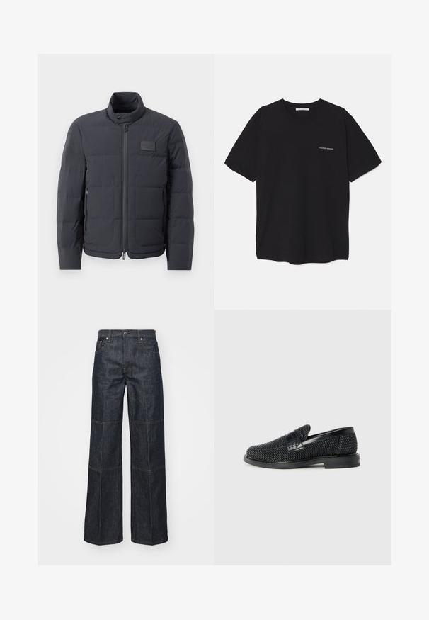 Zwarte pufferjack met een hoge kraag, gewatteerde textuur en een rits aan de voorkant. Beschikt over een klein logo-opdruk op de linkerborst en zijzakken.; Zwarte katoenen T-shirt met een ronde hals, korte mouwen en een witte logo-print op de linkerkant van de borst. Eenvoudig, effen kleur ontwerp.; Helmut Lang CARPENTER - Relaxed fit jeans - raw indigo; Zwartegeweven instap schoenen met een glad leren accent aan de bovenkant, een ronde neusontwerp en een laag profiel rubberen zool.