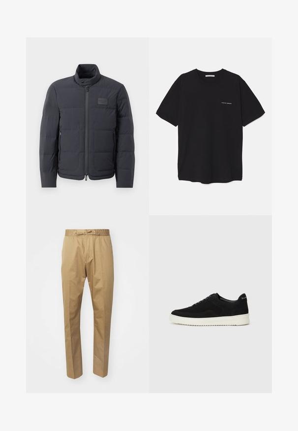 Casaco puffer preto com gola alta, textura acolchoada e fecho éclair frontal. Apresenta um pequeno emblema no lado esquerdo do peito e bolsos laterais.; T-shirt preta de algodão com gola redonda, mangas curtas e impressão de logó tipo branca no lado esquerdo do peito. Design simples, de cor sólida.; Calças bege com um cós elástico e cordão ajustável. Textura suave, pernas retas e design minimalista.; Sapatilhas de camurça pretas com design de atacadores e sola de borracha branca em contraste. Apresenta painéis laterais texturizados e uma marcação discreta no calcanhar.