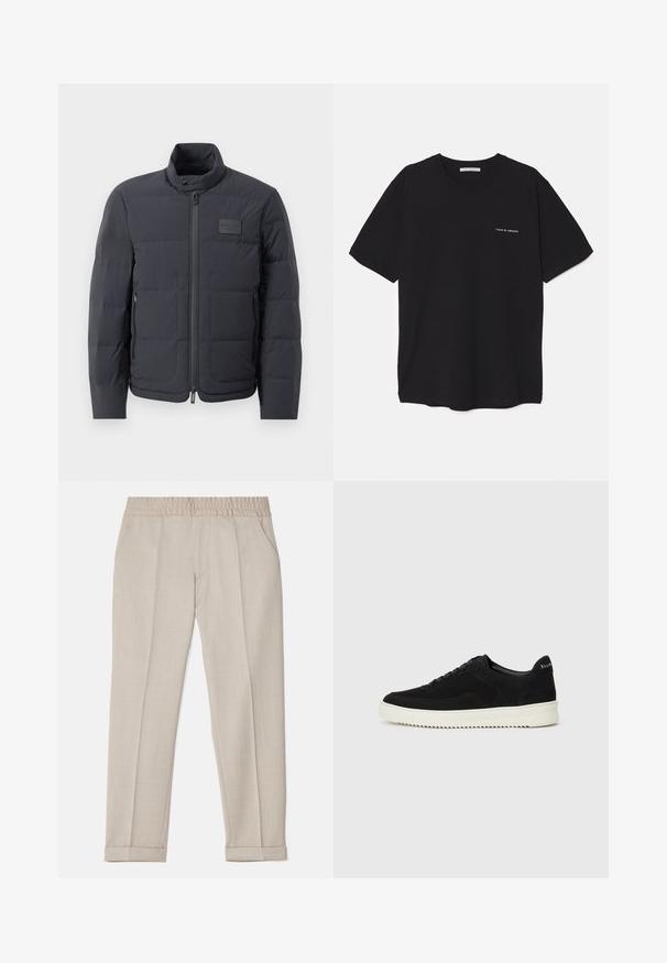 Jachetă puf neagră cu guler înalt, textură matlasată și fermoar frontal. Are un badge logo mic pe pieptul stâng și buzunare laterale.; Tricou din bumbac negru, cu guler rotund, mâneci scurte și un imprimeu alb cu logo pe partea stângă a pieptului. Design simplu, de culoare uniformă.; Filippa K TERRY CROPPED TROUSERS - Pantaloni - sage melange; Adidași negri din suede cu design cu șireturi și talpă din cauciuc alb contrastant. Prezintă panouri laterale texturate și branding subtil pe toc.