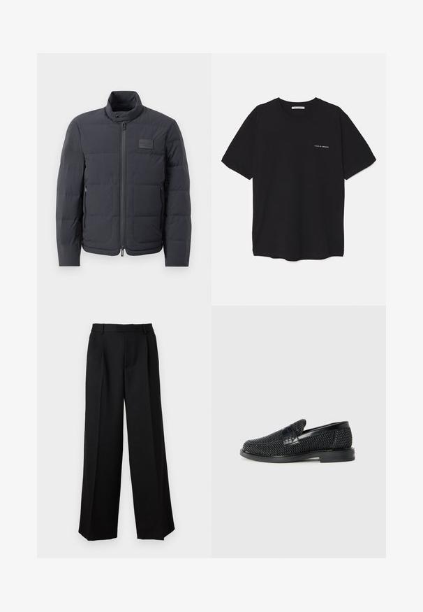 Black puffer jacket with a high collar, quilted texture, and a front zipper. Features a small logo patch on the left chest and side pockets.; Black cotton T-shirt with a crew neck, short sleeves, and a white logo print on the left chest. Simple, solid color design.; Paul & Joe PANTALON - Trousers - noir; Black woven slip-on shoe with a smooth leather accent on the upper, a round toe design, and a low-profile rubber sole.