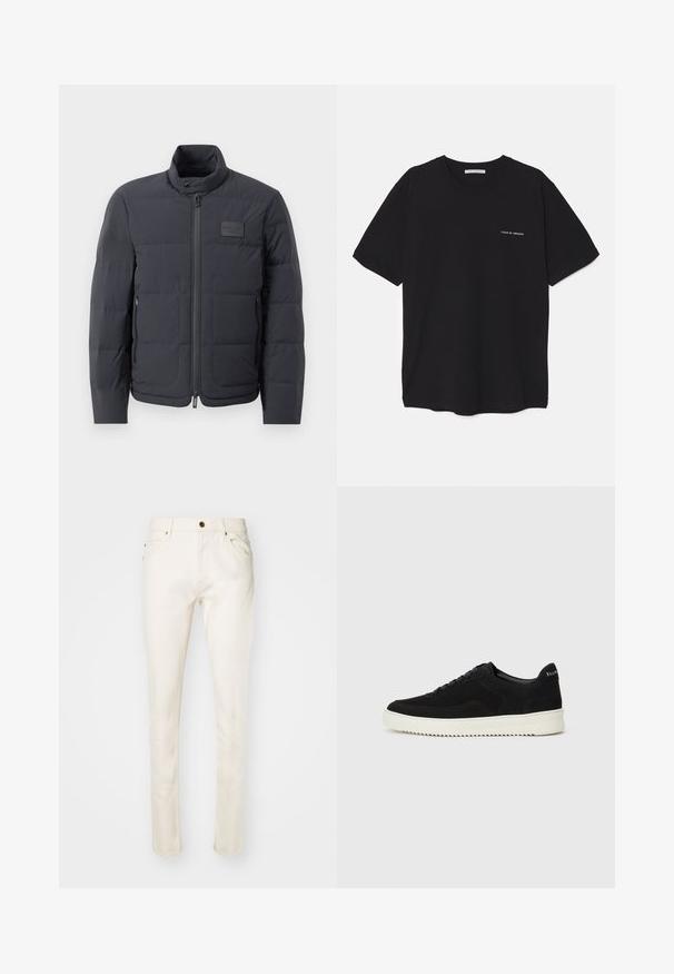 Chaqueta acolchada negra con cuello alto, textura acolchada y cierre frontal. Presenta un pequeño parche con logo en el pecho izquierdo y bolsillos laterales.; Camiseta de algodón negra con cuello redondo, mangas cortas y un estampado de logo blanco en el lado izquierdo del pecho. Diseño simple y de color sólido.; Vaqueros de algodón beige con un corte ajustado, que cuentan con un botón en la parte delantera, cinco bolsillos y detalles de costura sutiles. Textura suave y pierna ajustada.; Zapatilla de ante negra con diseño de cordones y suela de goma blanca contrastante. Presenta paneles laterales texturizados y un sutil logo en el talón.