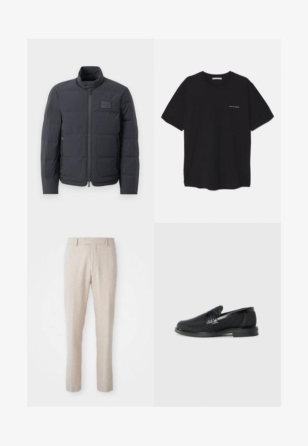 Svart puffjacka med hög krage, quiltad textur och dragkedja framtill. Har en liten logotipp på vänster bröst och sidfickor.; Svart bomull T-shirt med rund hals, korta ärmar och vit logotryck på vänster bröst. Enkel, enfärgad design.; Beiga vävda byxor med rak passform, featuring en slät front, bältesöglor och inga synliga mönster eller hårdvarudetaljer.; Svart vävd slip-on sko med en slät läderdetalj på ovansidan, med rund tådesign och en låg gummisula.