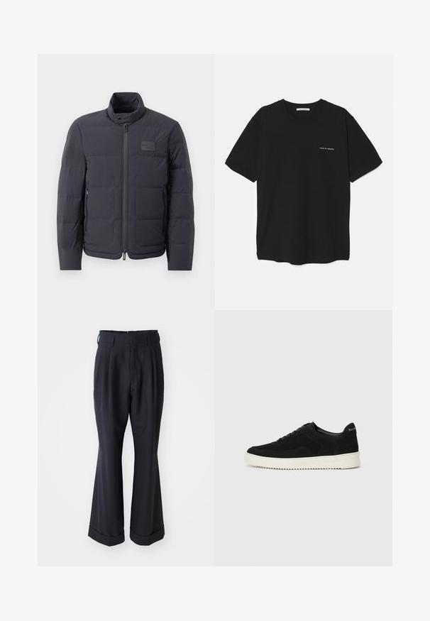 Sort dunjakke med høj krave, kviltet tekstur og lynlås foran. Har en lille logopatch på venstre bryst og sidelommer.; Sort bomulds T-shirt med rund hals, korte ærmer og en hvid logo print på venstre bryst. Simpelt, ensfarvet design.; Sorte skræddersyede bukser med en afslappet pasform, plisseret forside og vide ben. Har en opsmøg i bunden og en glat stofstruktur.; Sort ruskinds sneaker med snørebånd og kontrasterende hvid gummisål. Har teksturerede sidepaneler og diskret branding på hælen.