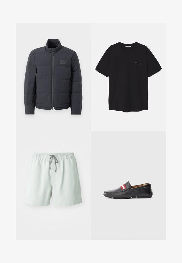 Jachetă puf neagră cu guler înalt, textură matlasată și fermoar frontal. Are un badge logo mic pe pieptul stâng și buzunare laterale.; Tricou din bumbac negru, cu guler rotund, mâneci scurte și un imprimeu alb cu logo pe partea stângă a pieptului. Design simplu, de culoare uniformă.; Șorturi de baie verde deschis, cu un brâu elastic, șnur reglabil și buzunare laterale. Textură netedă, lungime deasupra genunchiului.; Pantof din piele neagră, slip-on, cu suprafață texturată, accent în dungi roșii și albe pe partea superioară, vârf rotunjit și talpă din cauciuc.