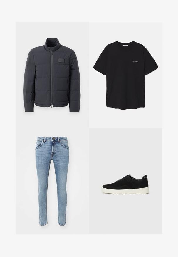 Fekete steppelt dzseki magas gallérral, steppelt textúrával és elülső cipzárral. Bal mellkason egy kis logófolt található, valamint oldalsó zsebek.; Fekete pamut T-shirt kerek nyakkivágással, rövid ujjakkal, és fehér logónyomattal a bal mellrészen. Egyszerű, egyszínű dizájn.; Világoskék farmernadrág, slim fit szabással, öt zsebes kialakítással, övhurkokkal és gombos záródással. Finom koptatás részletek találhatók rajta.; Fekete velúr sportcipő fűzős dizájnnal és kontrasztos fehér gumitalppal. Jellemzői a textúrázott oldalpanelek és a diszkrét logó a sarokon.