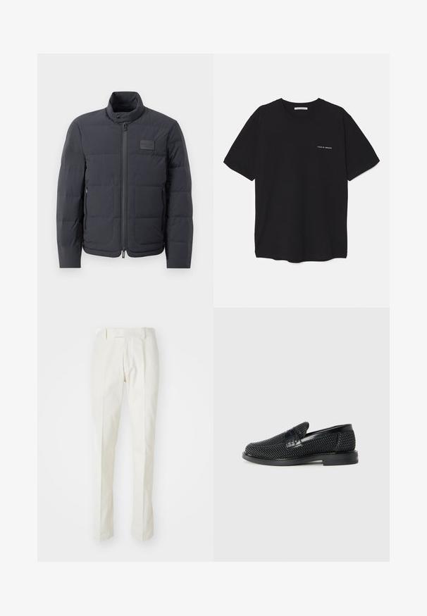 Doudoune noire avec un col montant, texture matelassée et fermeture éclair à l'avant. Elle possède une petite étiquette avec logo sur la poitrine gauche et des poches latérales.; T-shirt en coton noir avec un col rond, des manches courtes et un logo blanc imprimé sur la poitrine gauche. Design simple, couleur unie.; Pantalons blancs en coton, présentant une coupe droite, un devant plat et sans motifs ni accessoires visibles. Texture lisse.; Chaussure slip-on tissée noire avec un accent en cuir lisse sur le dessus, un design à bout rond et une semelle en caoutchouc à profil bas.