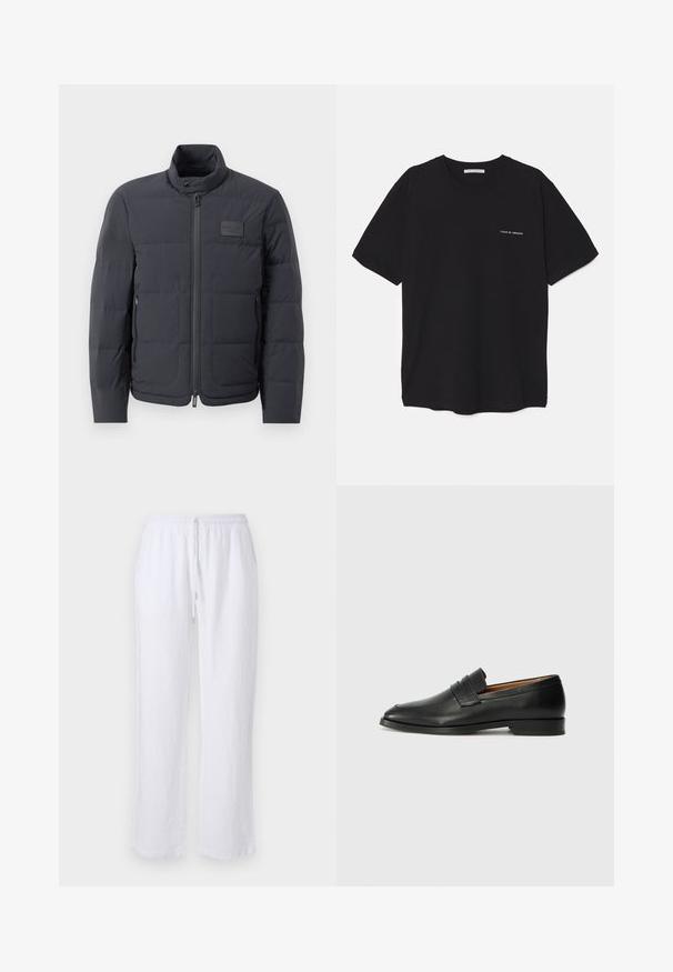 Black puffer jacket with a high collar, quilted texture, and a front zipper. Features a small logo patch on the left chest and side pockets.; Black cotton T-shirt with a crew neck, short sleeves, and a white logo print on the left chest. Simple, solid color design.; White linen trousers with a loose fit, elastic waistband, and drawstring closure. Smooth texture and straight leg design. No patterns or accents.; Black leather loafer with a rounded toe, subtle stitched detailing, and a low heel, featuring a smooth texture and minimalist design.