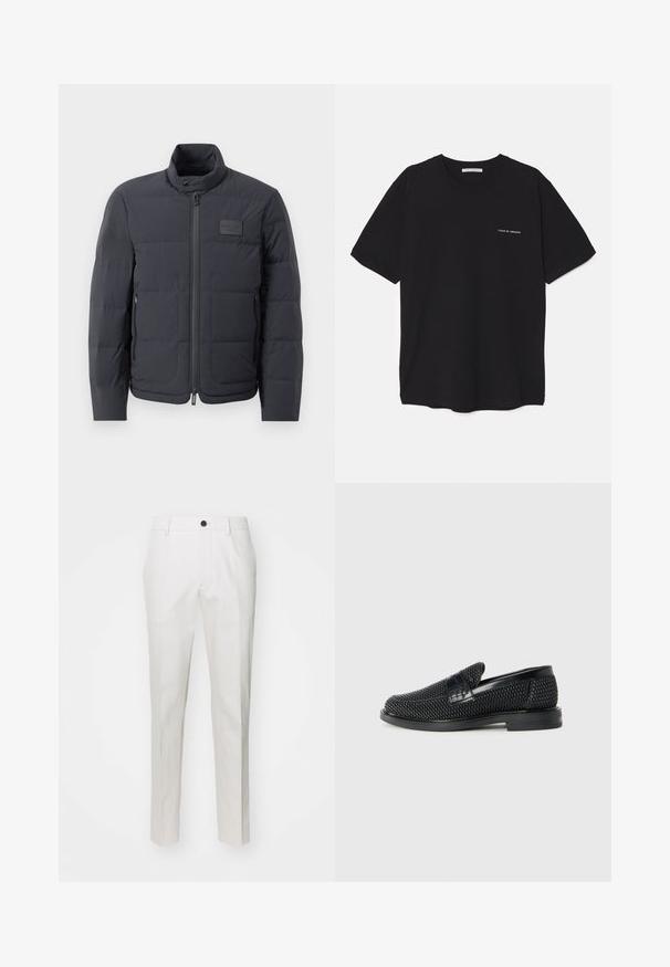 Black puffer jacket with a high collar, quilted texture, and a front zipper. Features a small logo patch on the left chest and side pockets.; Black cotton T-shirt with a crew neck, short sleeves, and a white logo print on the left chest. Simple, solid color design.; White trousers made of a smooth fabric with a straight-leg cut, featuring a single black button at the waist and side pockets.; Black woven slip-on shoe with a smooth leather accent on the upper, a round toe design, and a low-profile rubber sole.