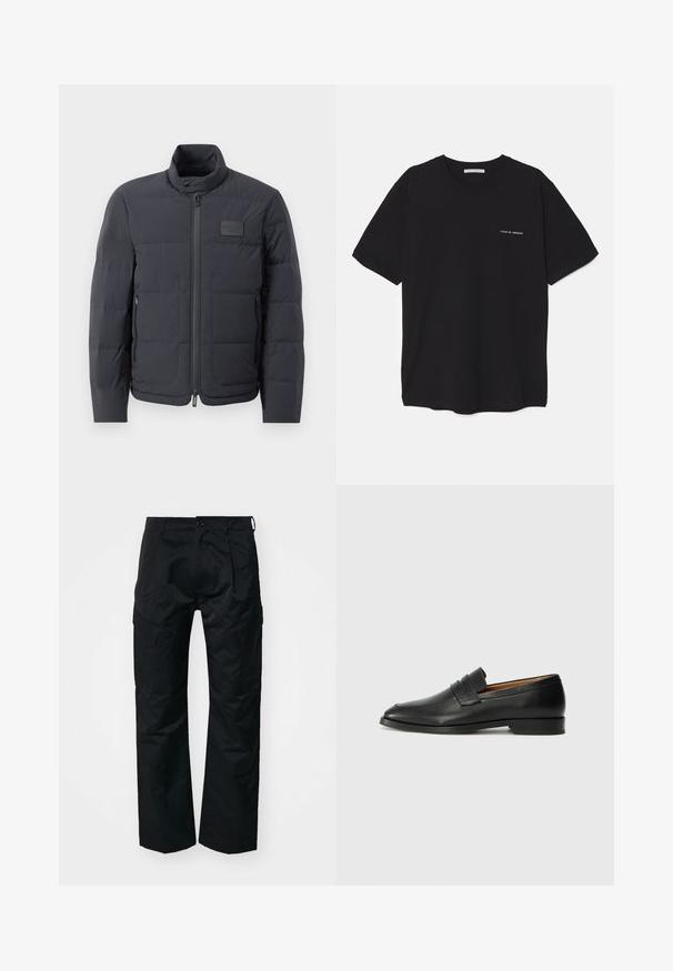 Juodas pūkuotas džemperis su aukštu kaklu, siuvinėta tekstūra ir priekiniais užtrauktukais. Yra mažas logotipo pleistras kairėje krūtinės pusėje ir šoniniai kišeniai.; Juoda medvilninė marškinėlė su apykakle, trumpomis rankovėmis ir baltu logotipu kairėje krūtinės pusėje. Paprastas, vientisas spalvų dizainas.; Juodi cargo kelnės su lygiu paviršiumi, turinčios šonines kišenes, mygtuko užsegimą ir laisvą prigludimą.; Juodas odinis loaferis su apvaliu nosiu, subtiliomis siuvimo detalėmis ir žemu kulnu, pasižymintis lygia tekstūra ir minimalistiniu dizainu.