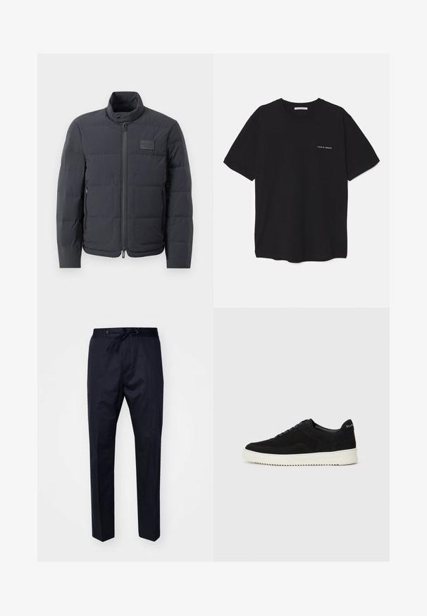 Čierna puffová bunda s vysokým golierom, prešívanou textúrou a predným zipsom. Obsahuje malú nášivku loga na ľavej hrudi a bočné vrecká.; Čierne bavlnené tričko s okrúhlym výstrihom, krátkymi rukávmi a bielou potlačou loga na ľavej hrudi. Jednoduchý, jednoliaty dizajn.; Námornícke, ľahké nohavice s elastickým pásom, nastaviteľným šnúrkou a rovnými nohavicami. Hladká textúra, žiadne viditeľné vzory ani akcenty.; Čierne semišové tenisky s šnurovacím dizajnom a kontrastnou bielou gumovou podrážkou. Obsahujú štruktúrované bočné panely a jemné logo na päte.