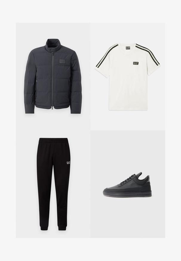 Casaco puffer preto com gola alta, textura acolchoada e fecho éclair frontal. Apresenta um pequeno emblema no lado esquerdo do peito e bolsos laterais.; T-shirt de algodão branca com decote redondo, mangas curtas, riscas pretas de destaque nos ombros e um pequeno logótipo EA7 no peito.; Calças de fato de treino pretas com um cós elástico, pernas ajustadas e um pequeno logotipo branco no lado superior esquerdo. Textura suave e design simples.; Sapatilhas de couro preto com uma superfície texturizada, design de atacadores, cano baixo, e uma sola de borracha cinza com uma borda estriada.