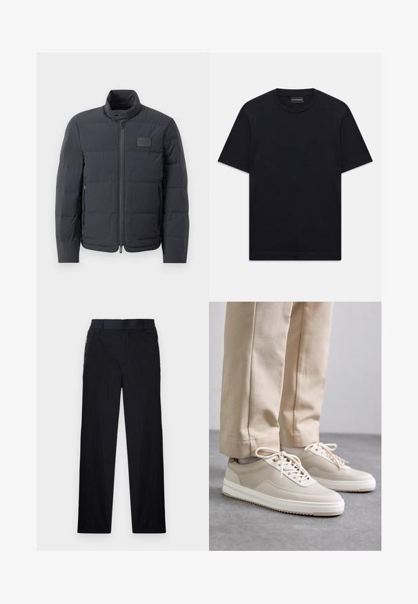 Melna pūkaina jaka ar augstu apkakli, quiltota tekstūra un priekšējo rāvējslēdzēju. Iekļauj mazu logotipa plāksteri kreisajā krūtī un sānu kabatas.; Melnas īsām piedurknēm T-krekls ar apaļu kakla izgriezumu, ar smalku iepresētu logotipa dizainu krūšu centrā un zīmola etiķeti apakšā kaklā.; Melni bikses ar vieglu, teksturētu audumu, taisnu kāju dizainu, elastīgu jostu un sānu rāvējslēdzēju kabatām.; Beži sneakeri ar teksturētu augšējo daļu, balti zoli un izšūtām akcentiem, kopā ar bežām biksēm, izlikti uz pelēka virsmas.