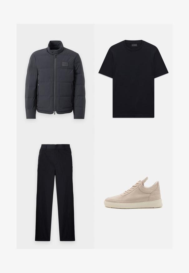 Black puffer jacket with a high collar, quilted texture, and a front zipper. Features a small logo patch on the left chest and side pockets.; Black short-sleeve crew neck T-shirt with subtle embossed logo design centered on the chest and a branded tag inside the collar.; Black trousers featuring a lightweight, textured fabric, straight-leg design, elastic waistband, and side zip pockets.; Beige suede sneaker with rounded toe, white sole, and flat laces. Features a pull tab at the heel and textured side panels.