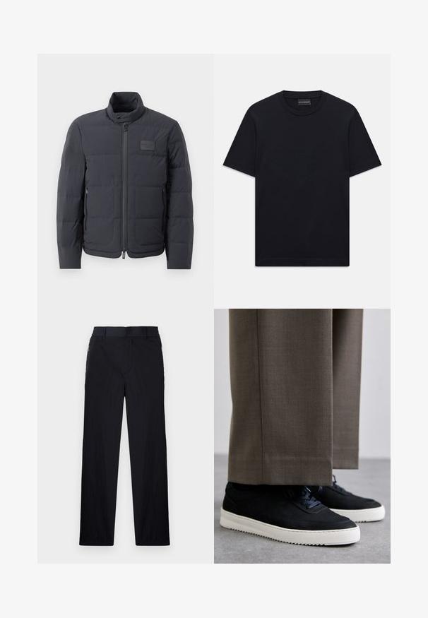 Black puffer jacket with a high collar, quilted texture, and a front zipper. Features a small logo patch on the left chest and side pockets.; Black short-sleeve crew neck T-shirt with subtle embossed logo design centered on the chest and a branded tag inside the collar.; Black trousers featuring a lightweight, textured fabric, straight-leg design, elastic waistband, and side zip pockets.; Black suede sneakers with white rubber soles, featuring a rounded toe and laces, worn with gray tailored pants.