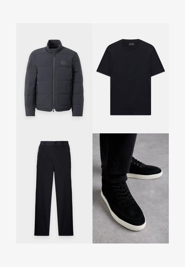Jachetă puf neagră cu guler înalt, textură matlasată și fermoar frontal. Are un badge logo mic pe pieptul stâng și buzunare laterale.; Tricou din bumbac cu mâneci scurte, de culoare neagră, cu un design subtile al logo-ului embosat centrat pe piept și o etichetă branduită în interiorul gulerului.; Pantaloni negri dintr-un material ușor, texturat, cu croială drept pentru picioare, talie elastică și buzunare laterale cu fermoar.; Adidași negri din velvet cu glezna înaltă, având o talpă de cauciuc albă, cu sistem de închidere prin șireturi și detalii de cusătură, așezați pe un fundal neutru.