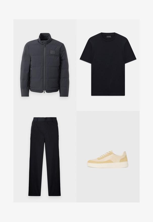 Black puffer jacket with a high collar, quilted texture, and a front zipper. Features a small logo patch on the left chest and side pockets.; Black short-sleeve crew neck T-shirt with subtle embossed logo design centered on the chest and a branded tag inside the collar.; Black trousers featuring a lightweight, textured fabric, straight-leg design, elastic waistband, and side zip pockets.; Sneakers in light yellow suede and leather, featuring a cushioned sole and stitched accents. Classic lace-up design with a rounded toe.