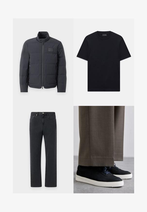 Fekete steppelt dzseki magas gallérral, steppelt textúrával és elülső cipzárral. Bal mellkason egy kis logófolt található, valamint oldalsó zsebek.; Fekete, rövid ujjú, kerek nyakú póló, amelyen a mellkason finoman domború logó található, valamint egy márkás címke a nyakában.; Fekete farmernadrág egyenes szabású, öt zsebbel és fémből készült részletekkel. Az anyag sima, kissé textúrált felületű.; Fekete velúr sportcipők fehér gumitalppal, kerek orrú, fűzős kialakítással, szürke, szabott nadrággal párosítva.