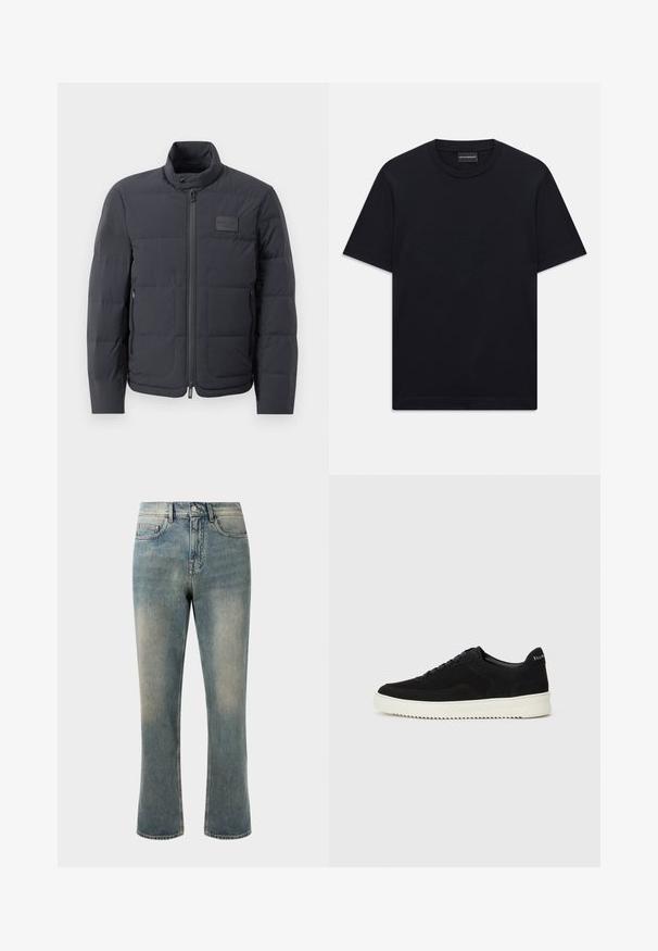 Melna pūkaina jaka ar augstu apkakli, quiltota tekstūra un priekšējo rāvējslēdzēju. Iekļauj mazu logotipa plāksteri kreisajā krūtī un sānu kabatas.; Melnas īsām piedurknēm T-krekls ar apaļu kakla izgriezumu, ar smalku iepresētu logotipa dizainu krūšu centrā un zīmola etiķeti apakšā kaklā.; Gaiši zili džinsi ar taisnu kāju, vidēju vidukli un maziem izbalējuma elementiem. Satur klasiskas kabatas un kontrastējošus diegus.; Melnas zamšas kedas ar auklām un kontrastējošu baltu gumijas zoli. Iekļauj teksturētas sānu panēles un diskretu zīmolu uz papēža.