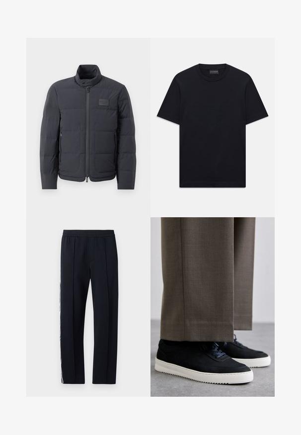 Fekete steppelt dzseki magas gallérral, steppelt textúrával és elülső cipzárral. Bal mellkason egy kis logófolt található, valamint oldalsó zsebek.; Fekete, rövid ujjú, kerek nyakú póló, amelyen a mellkason finoman domború logó található, valamint egy márkás címke a nyakában.; Fekete, fazonra szabott nadrág rugalmas derékkal, két oldalzsebbel és fehér csíkkal az oldalán. Simaság jellemzi.; Fekete velúr sportcipők fehér gumitalppal, kerek orrú, fűzős kialakítással, szürke, szabott nadrággal párosítva.